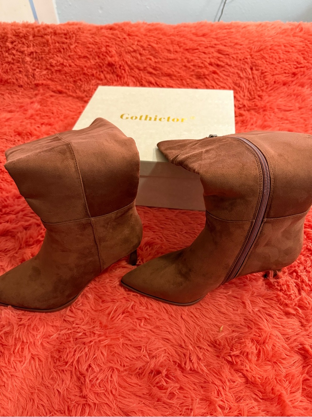 Brown Suede Pointed-Toe Kitten Heel Boots